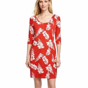 Persifor Red & White Fern Print Dress 3/4 Sleeve Scoop Neck size small Stretchy